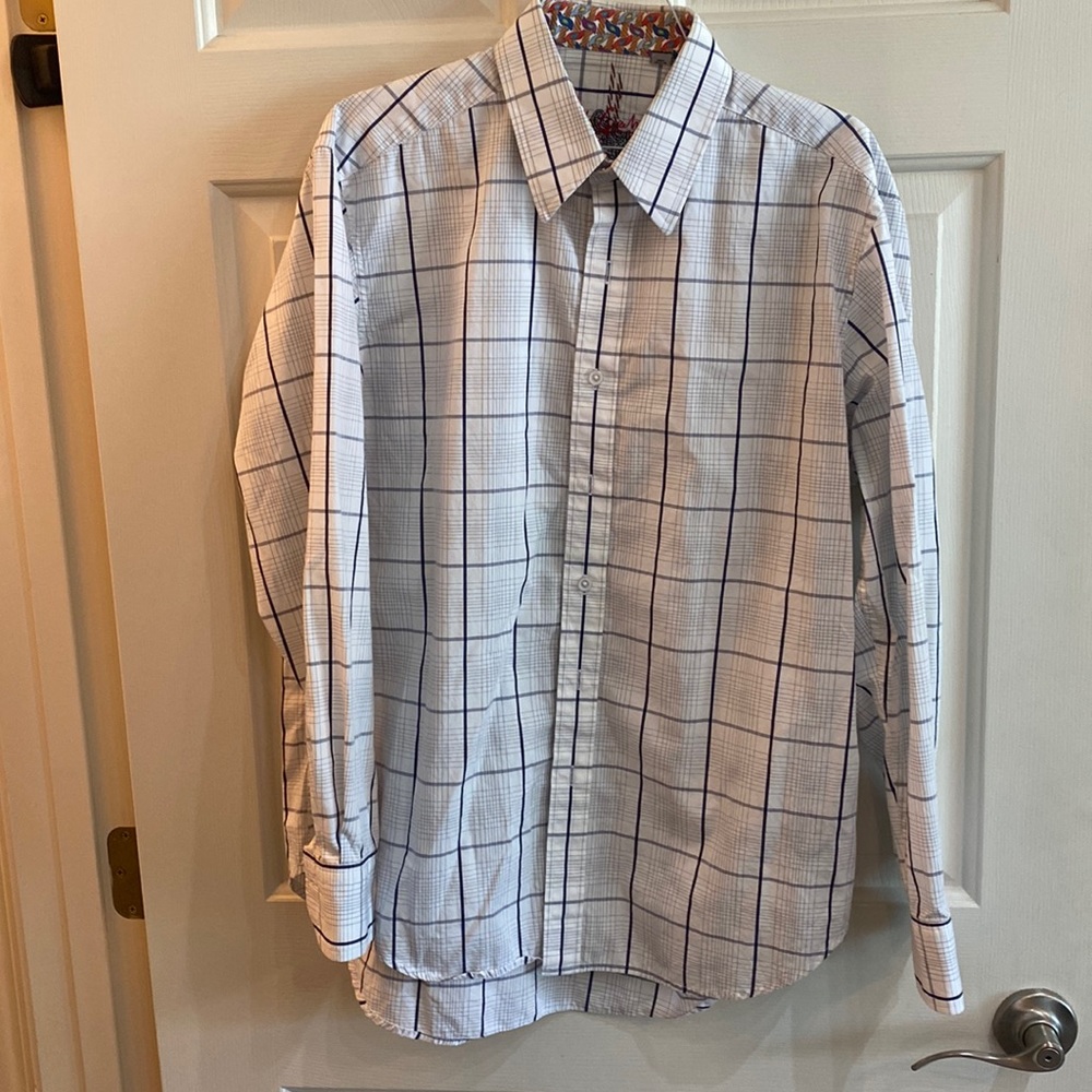 Robert Graham White Shirt with Navy Windowpane Check